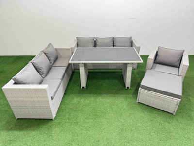 Fimous Patio Garden Furniture Sets With Glass Top Dining Table 3 Seater Sofa Armchair Big Stool Black/Light/Grey