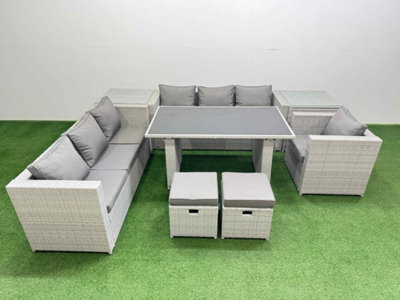 B&Q -  Patio Garden Furniture Sets With Black Glass Top Dining Table 3 Seater Sofa Armchair 2 Side Tables 2 Small Stool Light Grey