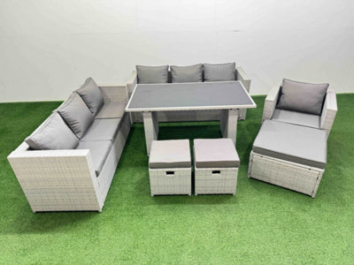 B&Q -  Patio Garden Furniture Sets With Black Glass Top Dining Table 3 Seater Sofa Armchair 3 Stool Light Grey