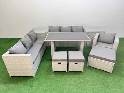 B&Q -  Patio Garden Furniture Sets With Black Glass Top Dining Table 3 Seater Sofa Armchair 2 Side Tables 3 Stool Light Grey