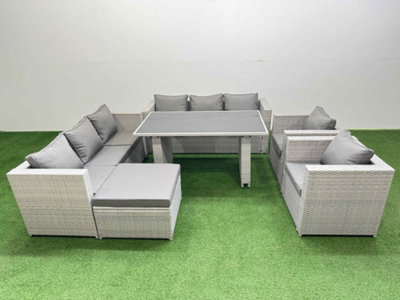 Fimous 9 Seater Wicker Pe Rattan Furniture Outdoor Dining Table 3 Seater Sofa Armchair Set With Big Stool Light/Grey