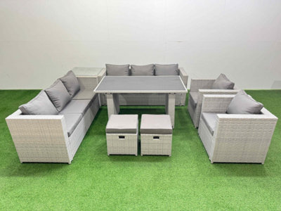 Fimous 10 Seater Wicker Pe Rattan Furniture Outdoor Dining Table 3 Seater Sofa Armchair Set With Side Table 2 Small Stools