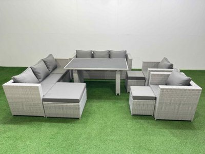 Fimous 11 Seater Wicker Pe Rattan Furniture Outdoor Dining Table 3 Seater Sofa Armchair Set With 3 Stools Light/Grey