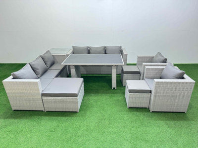 Fimous 11 Seater Wicker Pe Rattan Furniture Outdoor Dining Table 3 Seater Sofa Armchair Set With Side Table 3 Stools Light/Grey