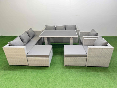 B&Q -  10 Seater Wicker Pe Rattan Furniture Outdoor Dining Table 3 Seater Sofa Armchair Set With 2 Big Stools Light Grey