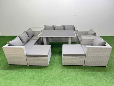 Fimous 10 Seater Wicker Pe Rattan Furniture Outdoor Dining Table 3 Seater Sofa Armchair Set With Side Table 2 Big Stools
