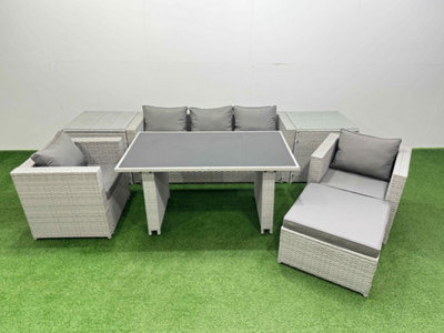 Fimous Patio Garden Furniture Sets With Black Glass Top Dining Table Armchair 3 Seater Sofa 2 Side Tables Big Stool Light Grey from B&Q