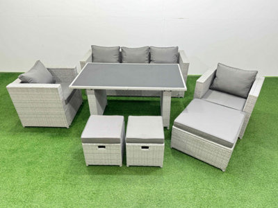 B&Q -  Patio Garden Furniture Sets With Black Glass Top Dining Table Armchair 3 Seater Sofa 3 Stool Light Grey