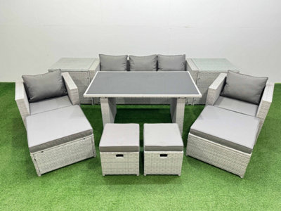 B&Q -  Patio Garden Furniture Sets With Black Glass Top Dining Table Armchair 3 Seater Sofa 2 Side Tables 4 Stools Light Grey