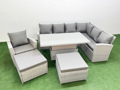 B&Q -  9 Seat Rattan Garden Furniture Corner Sofa Set Adjustable Lifting Dining Or Coffee Table Set With Big Footstools Light Grey