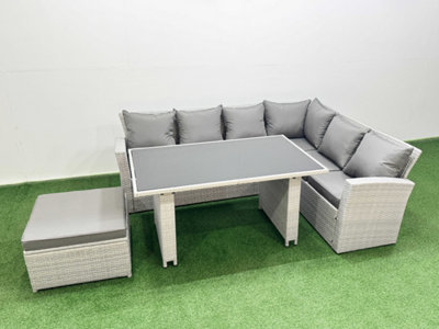 Fimous Outdoor Garden Furniture Sets 7 Seater Wicker Rattan Corner Sofa Sets With Rectangular Dining Table Big Footstool