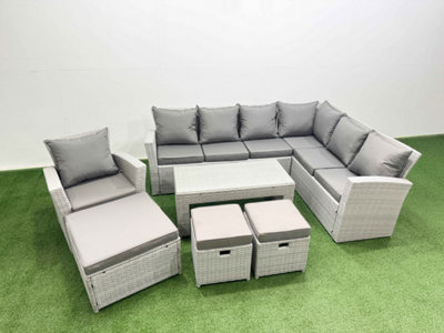 Fimous 11 Seater Garden Outdoor Rattan Furniture Set Rattan Corner Sofa Oblong Coffee Table With 3 Footstools Light Grey Mixed from B&Q