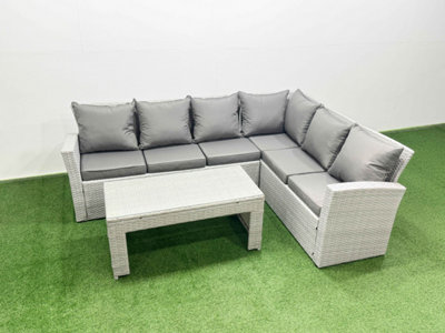 Fimous 6 Seater Garden Outdoor Rattan Furniture Set Rattan Corner Sofa Oblong Coffee Table Set Mixed Light/Grey