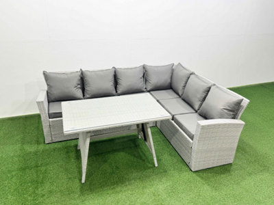 Fimous 6 Seater Garden Outdoor Rattan Furniture Set Rattan Corner Sofa Oblong Dining Table Set Mixed Light/Grey