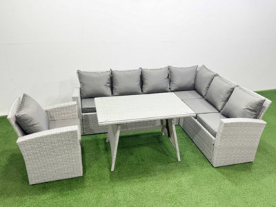 Fimous 7 Seater Garden Outdoor Rattan Furniture Set Rattan Corner Sofa Oblong Dining Table With Armchair Mixed Light/Grey