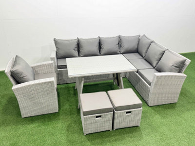 Fimous 9 Seater Garden Outdoor Rattan Furniture Set Rattan Corner Sofa Oblong Dining Table With Armchair Mixed Light/Grey