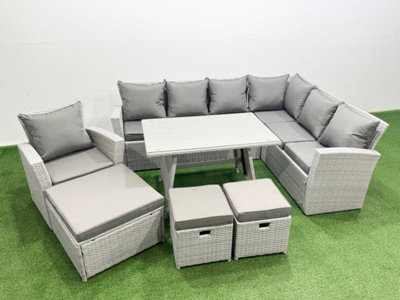 Fimous 10 Seater Garden Outdoor Rattan Furniture Set Rattan Corner Sofa Oblong Dining Table With Armchair 2 Small Footstools