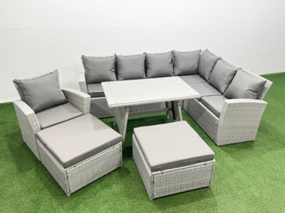 Fimous 9 Seater Garden Outdoor Rattan Furniture Set Rattan Corner Sofa Oblong Dining Table With Armchair 2 Big Footstools