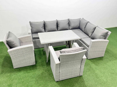 B&Q -  8 Seater Garden Outdoor Rattan Furniture Set Rattan Corner Sofa Oblong Dining Table With 2 Armchairs Light Grey Mixed