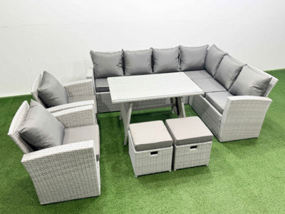 Fimous 10 Seater Garden Outdoor Rattan Furniture Set Rattan Corner Sofa Oblong Dining Table With 2 Armchairs 2 Small Footstools