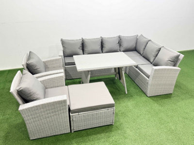 Fimous 9 Seater Garden Outdoor Rattan Furniture Set Rattan Corner Sofa Oblong Dining Table With 2 Armchairs Big Footstool