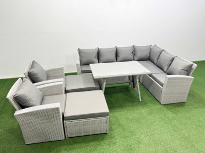 Fimous 10 Seater Garden Outdoor Rattan Furniture Set Rattan Corner Sofa Oblong Dining Table With 2 Armchairs 2 Big Footstools