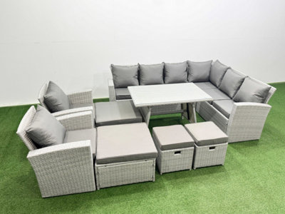 Fimous 12 Seater Garden Outdoor Rattan Furniture Set Rattan Corner Sofa Oblong Dining Table With 2 Armchairs 4 Footstools