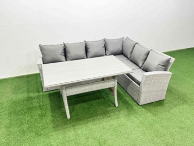 Fimous Rattan Garden Furniture Set Outdoor 6 Seater Patio Dining Corner Sofa Sets With Dining Table Mixed Light/Grey