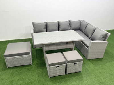 B&Q -  Rattan Garden Furniture Set Outdoor 9 Seater Patio Dining Corner Sofa Sets With Dining Table 3 Footstools Light Grey Mixed