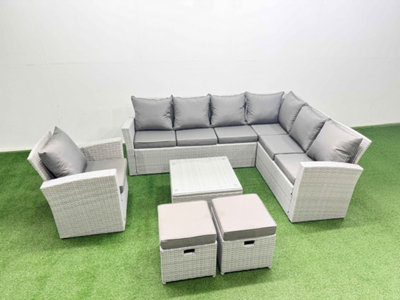 B&Q -  Rattan Garden Outdoor Furniture Set 9 Seater Rattan Garden Sofa Set With Armchair 2 Small Footstools Light Grey Mixed