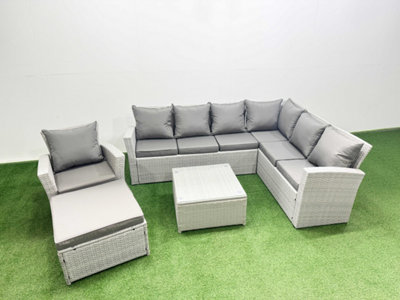 Fimous Rattan Garden Outdoor Furniture Set 8 Seater Rattan Garden Sofa Set With Armchair Big Footstool Mixed Light/Grey