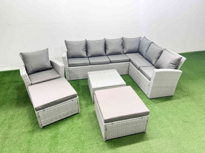 Fimous Rattan Garden Outdoor Furniture Set 9 Seater Rattan Garden Sofa Set With Armchair 2 Big Footstools Mixed Light/Grey