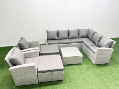 Fimous Rattan Garden Outdoor Furniture Set 10 Seater Rattan Garden Sofa Set With 2 Armchairs 2 Big Footstools Mixed Light/Grey