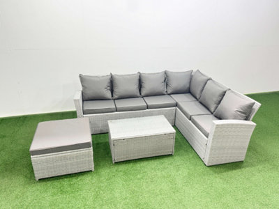 Fimous Garden Outdoor Pe Rattan Furniture Set 7 Seater Rattan Garden Sofa Set With Oblong Coffee Table Mixed Light/Grey