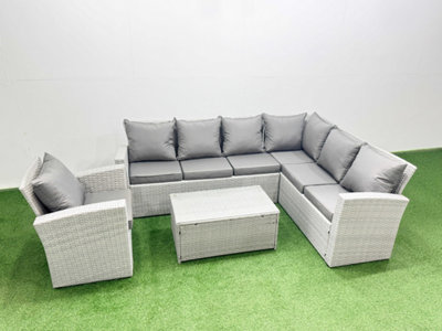 Fimous Garden Outdoor Pe Rattan Furniture Set 7 Seater Rattan Garden Sofa Set With Big Footstool Mixed Light/Grey