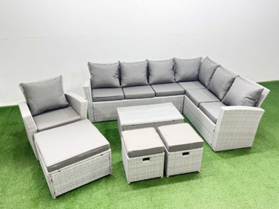 Fimous Garden Outdoor Pe Rattan Furniture Set 10 Seater Rattan Garden Sofa Set With 3 Footstools Mixed Light/Grey
