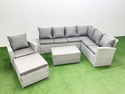 Fimous Garden Outdoor Pe Rattan Furniture Set 8 Seater Rattan Garden Sofa Set With Big Footstool Mixed Light/Grey