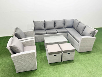 B&Q -  Garden Outdoor Pe Rattan Furniture Set 10 Seater Rattan Garden Sofa Set With 2 Small Footstools Light Grey Mixed