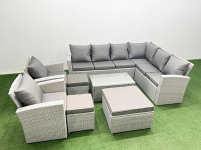 Fimous Garden Outdoor Pe Rattan Furniture Set 11 Seater Rattan Garden Sofa Set With 3 Footstools Mixed Light/Grey
