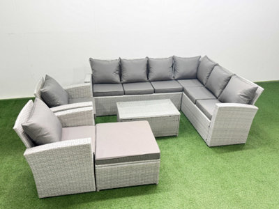 Fimous Garden Outdoor Pe Rattan Furniture Set 9 Seater Rattan Garden Sofa Set With Big Footstool Mixed Light/Grey