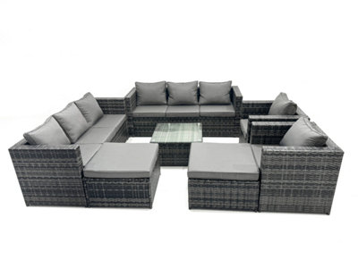 Fimous 10 Seater Patio Lounge Sofa Set With Armchair Square Coffee Table 2 Big Footstool Mixed Dark/Grey
