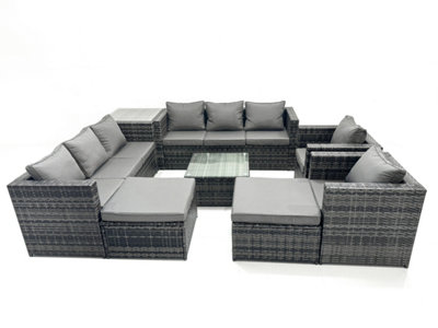 Fimous 10 Seater Patio Lounge Sofa Set With Armchair Square Coffee Table Side Table 2 Big Footstool Dark Grey Mixed