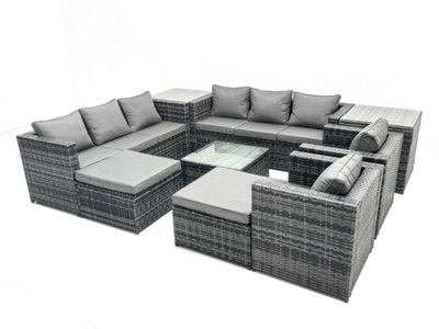 B&Q -  10 Seater Patio Lounge Sofa Set With Armchair Square Coffee Table 2 Side Tables 2 Big Footstool Dark Grey Mixed