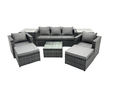B&Q -  7 Seater Patio Lounge Sofa Set With Armchair Square Coffee Table 2 Side Tables 2 Big Footstool Dark Grey Mixed