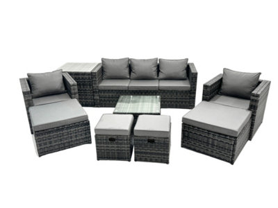 Fimous 9 Seater Patio Lounge Sofa Set With Armchair Square Coffee Table Side Table 4 Footstool Dark Grey Mixed