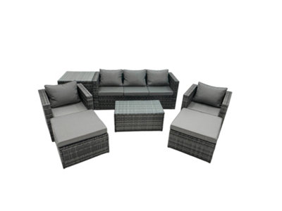 B&Q -  Rattan Garden Furniture Dining Set 7-Seater Patio Coffee Table Sofa Set With Side Table 2 Armchair 2 Big Footstools
