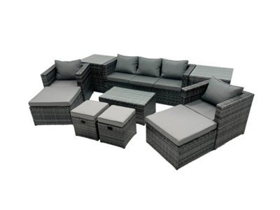 B&Q -  Outdoor Coffee Table Sofa Armchair Set With 2 Side Tables 2 Big Stools 2 Small Footstools Garden Furniture Set Dark Grey