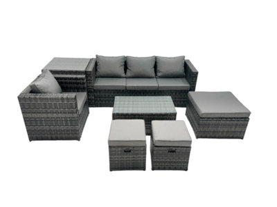 Fimous Outdoor Coffee Table Sofa Armchair Set With Side Table Big Stool 2 Small Footstools Garden Furniture Set Dark Grey Mixed from B&Q