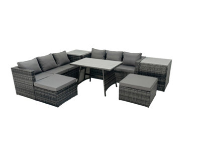 B&Q -  Rattan Dining Table Sofa Set With 2 Side Tables 2 Big Footstools Outdoor Garden Furniture Set Dark Grey Mixed