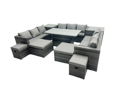 B&Q -  Rattan Dining Table Sofa Set With 2 Side Tables 4 Stools Outdoor 13 Seat Garden Furniture Set Dark Grey Mixed